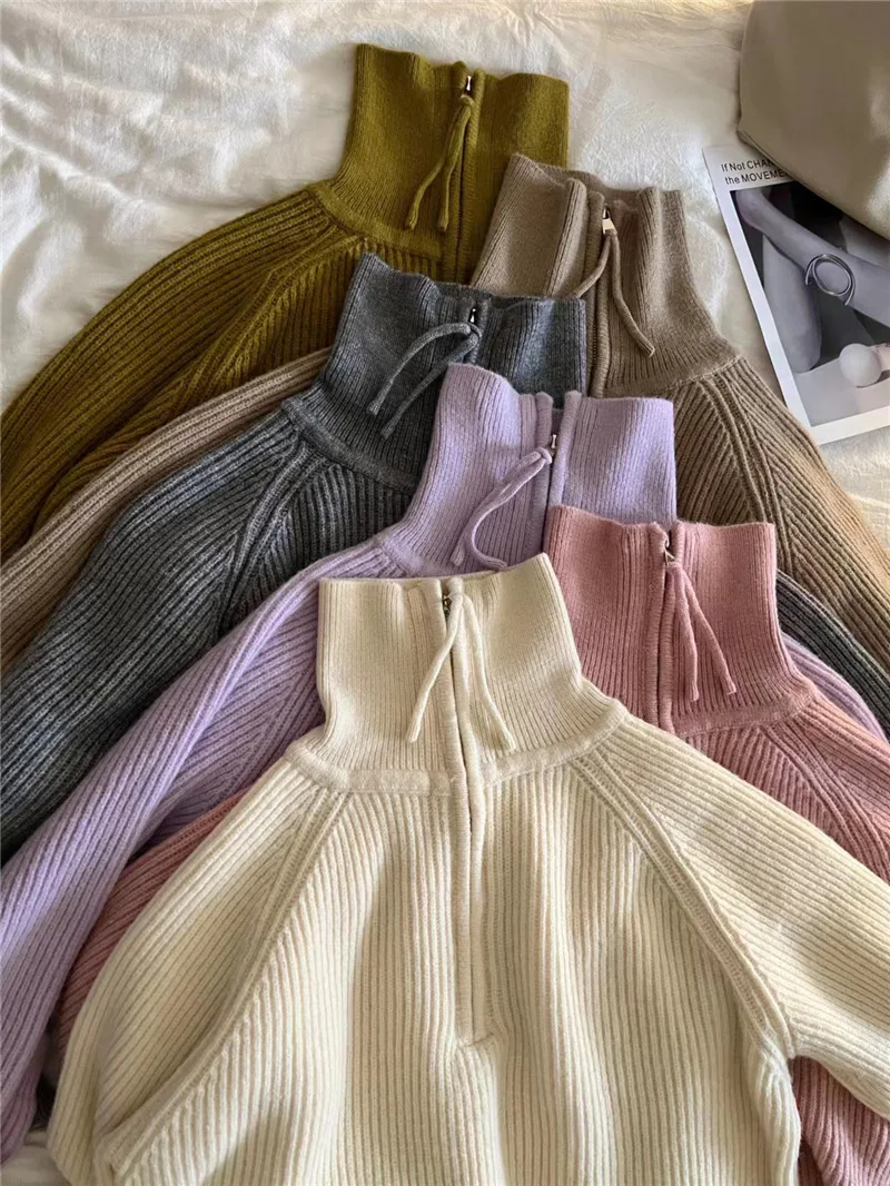 

Винтажный вязаный свитер с воротником-стойкой и полумолнией, однотонный теплый пуловер для женщин, осенне-зимний универсальный трикотаж