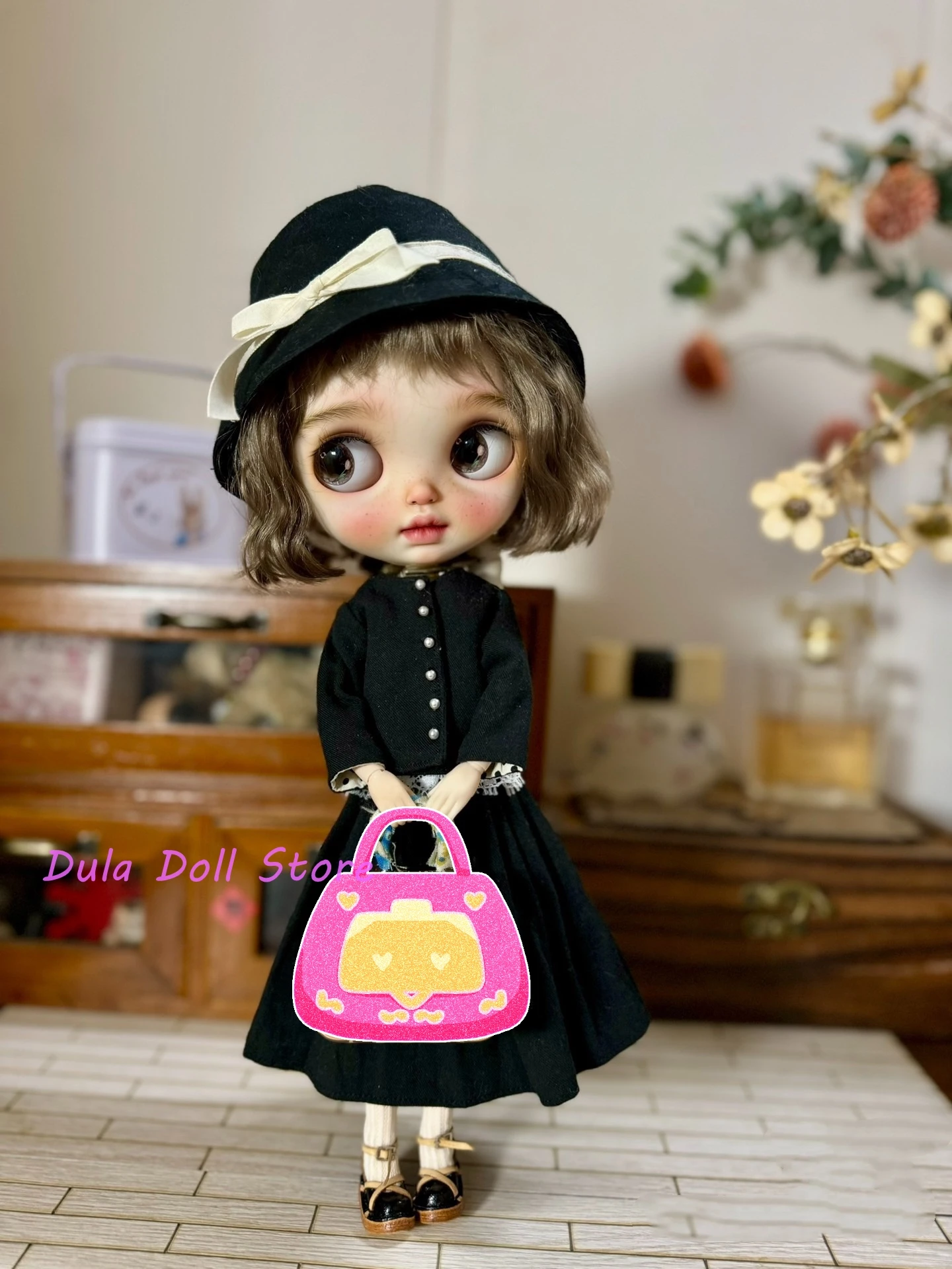 Dula 인형 옷 드레스 버킷 모자 흑백 격자 스커트 Blythe Qbaby ob24 ob22 Azone Licca ICY Bjd