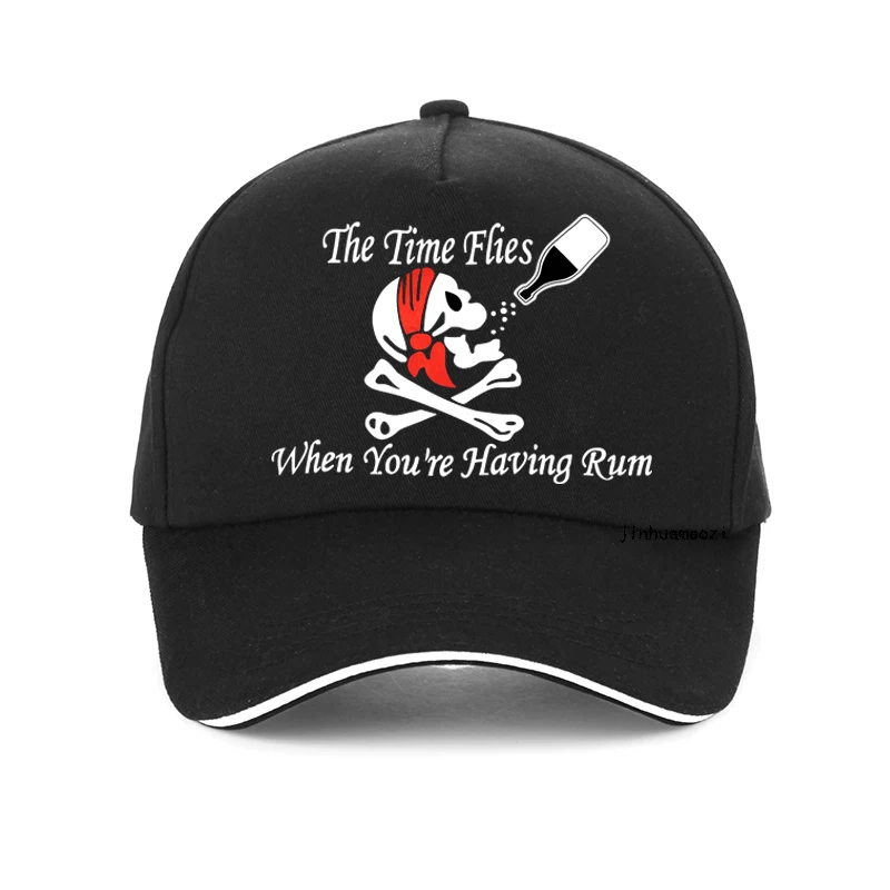 funny jolly roger skull bone drinking men hat the time flies when you are having rum pirate for wine bar decoration Baseball Cap