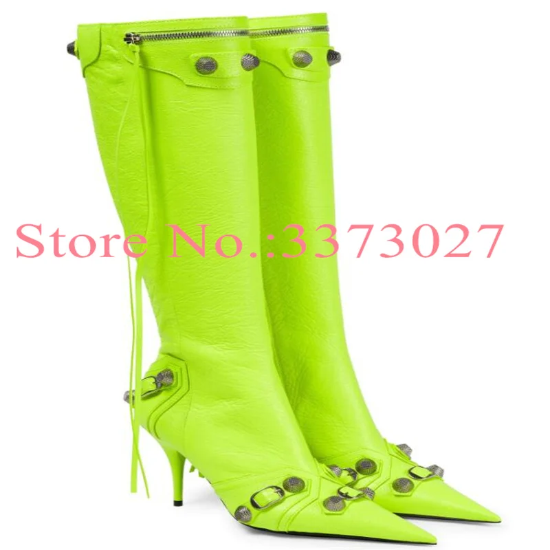 Fluorescent Green Studs Lady Near the Knee Boots Sexy Stiletto Heel Pointed Toe Tassel Long Boots Woman Fashion Party Shoes