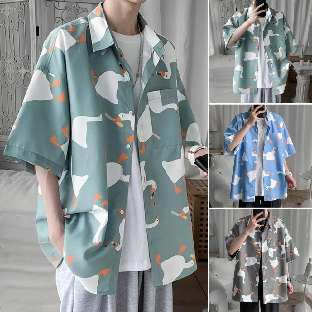 Men's Summer Thin Square Neck Half Sleeve Shirt Fashion Cartoon Animal Printed Tops Oversized Loose Fit Casual Shirts Beach Top