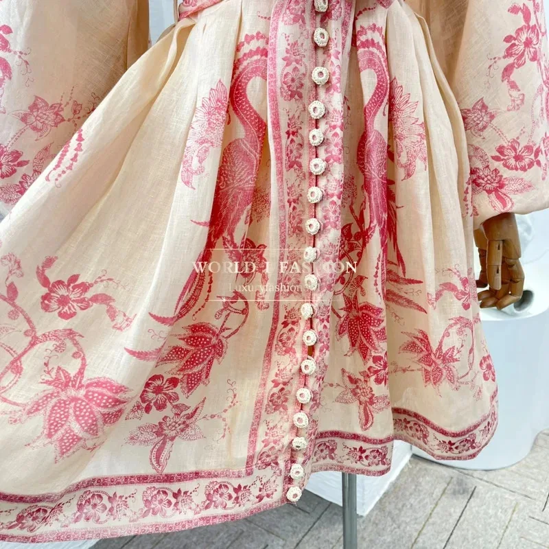 2025년 신상 플로럴 프린트 린넨 고품질 여름 핑크 V넥 긴팔 미니 드레스 (휴가용)