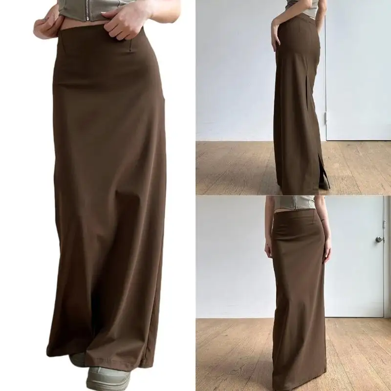 スリムフィットロングスカート女性のためのバックスリットディテール弾性ハイウエストラップヒップマキシストレートスカートオフィスレジャーウェア F3MD