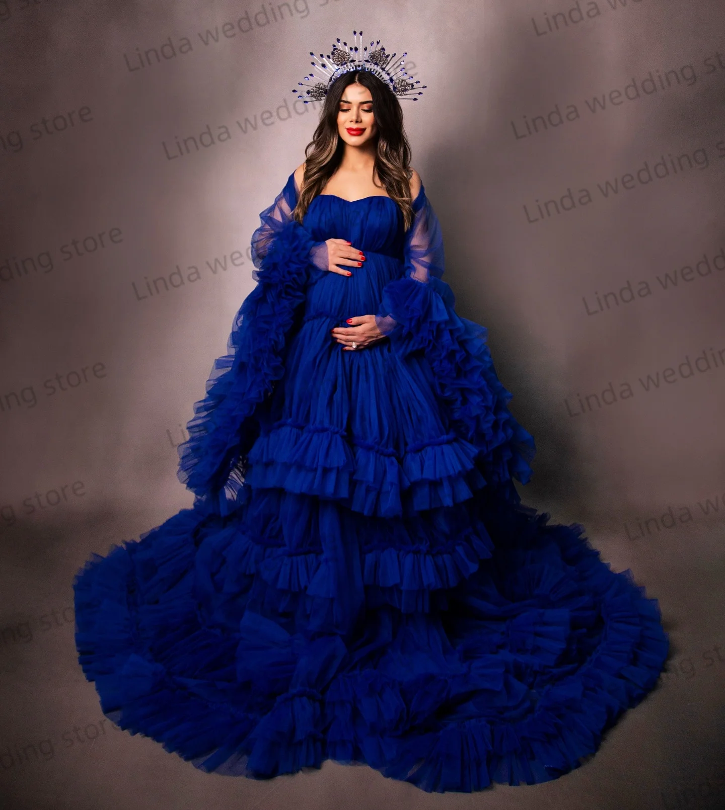 Blue Prom Dresses for Pregnancy Elegant Customized Maternity Dresses Photo Shooting Full Sleeve Tiered Pregnant Babyshower Gowns