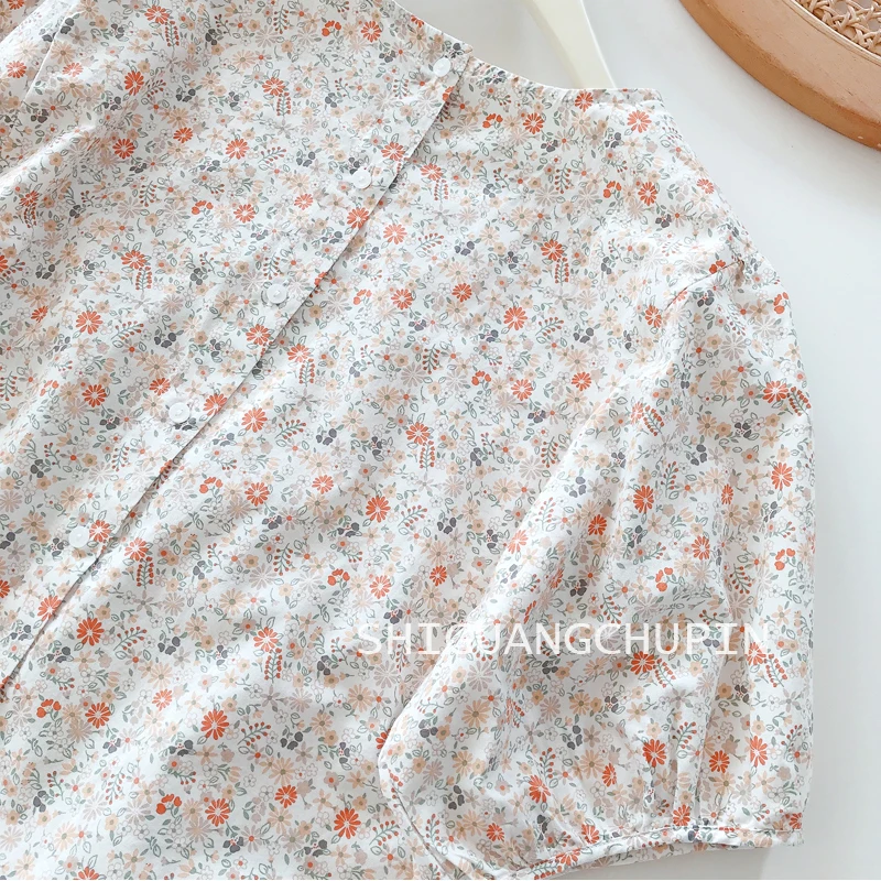 New Summer Cotton Short Sleeve Shirt Round Collar Floral Folds Top Mori Girl Casual Sweet Loose Blouse 2024 Autumn T46797QM