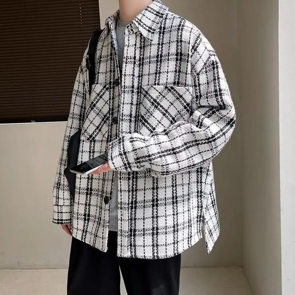 Men Plaid Jacket Men's Plaid Print Woolen Coat with Pockets Long Sleeve Loose Vintage Button Up Shirt with Turn Down Collar