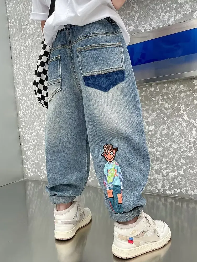 Spring Autumn Kid Boys Denim Pants Pockets Children Boys Jeans Loose Exterior Stylish Students Boys Pants 2-10 Years Students