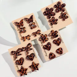 3pairs Leopard Acrylic Flower Heart Bowknot Stud Earrings for Women Boho Butterfly Star Geometric Earring Vintage Jewelry Gifts