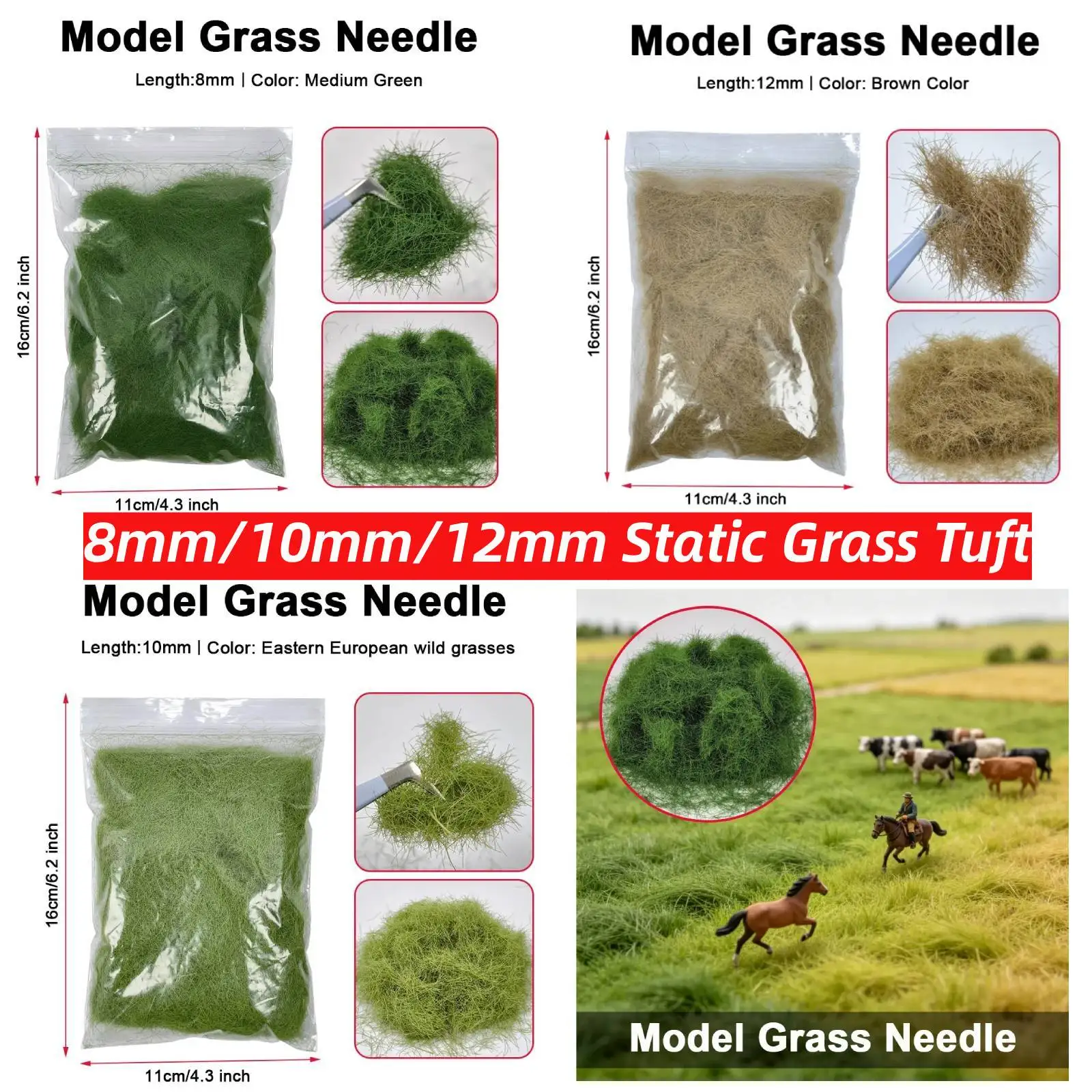 20G 8/10/12mm Hierba Estática en Mechones de Nylon para Modelismo DIY/Ferromodelismo/Micropaisajes/Scenografía Militar/Kits de Dioramas