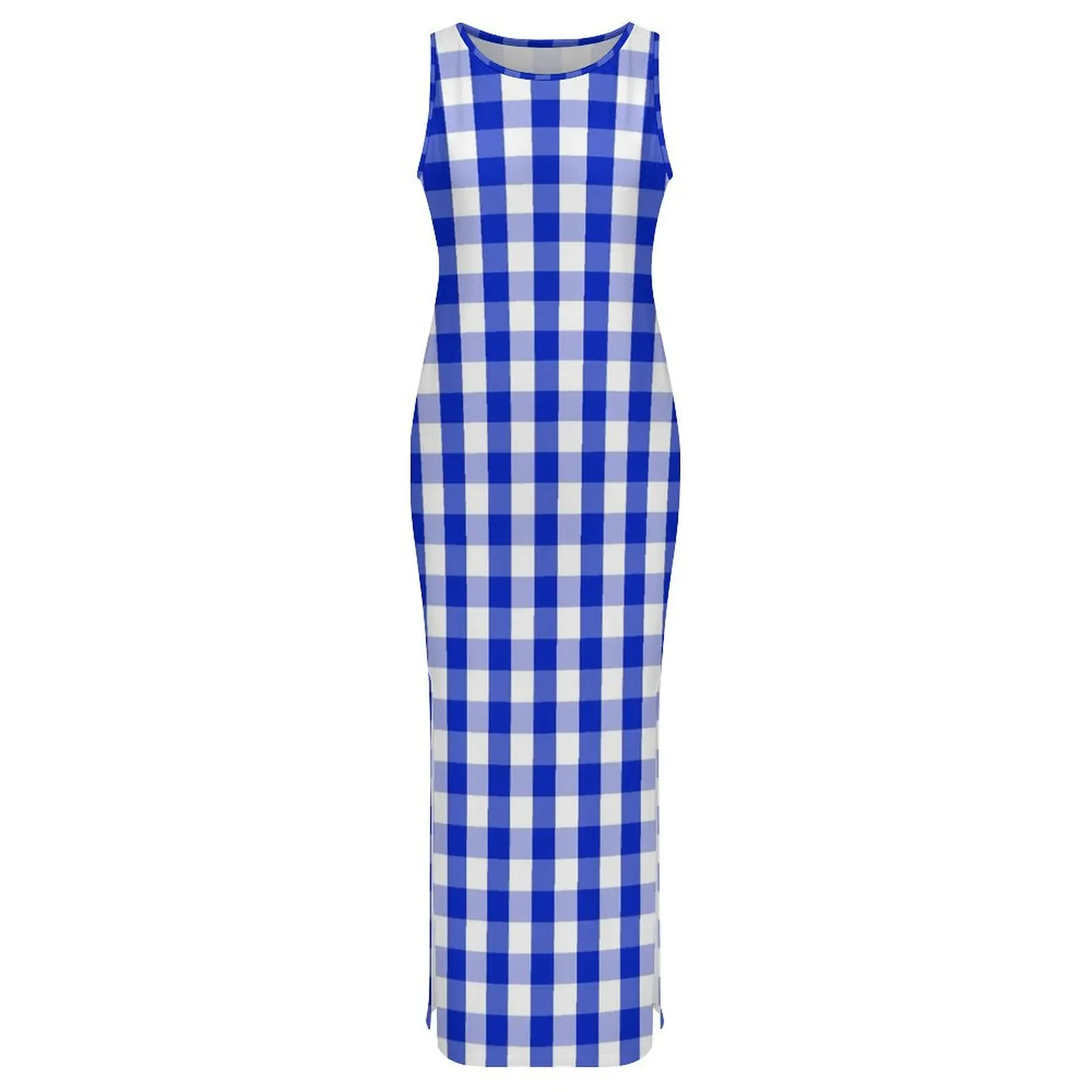 Womens Blue White Gingham Dress Check Plaid Squared Fashion Bodycon Dress Holiday Vintage Maxi Dresses Design Big Size Clothing