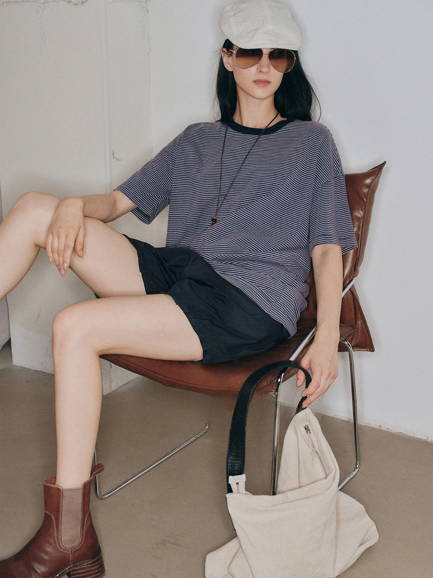 

Повседневная одежда Salt Series Sea Soul Stripe Ice Silk Touch Хлопковая круглая футболка Ne Loose Fit ort Sve Женский летний топ