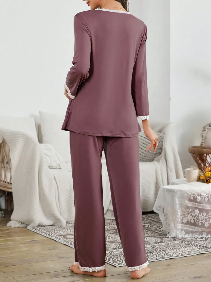 2pcs Women Lace Trim V-Neck 3/4 Sleeve Pajama Set Fall Winter Sleepwear