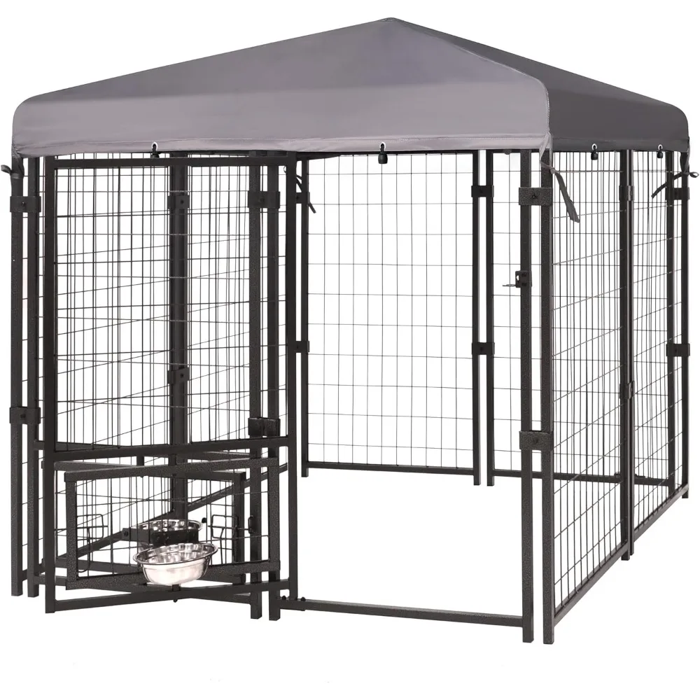 

Dog Kennel Outdoor Indoor with Roof and Rotating Feeding Doors, Large Metal Dog Pen Enclosure House Heavy Duty