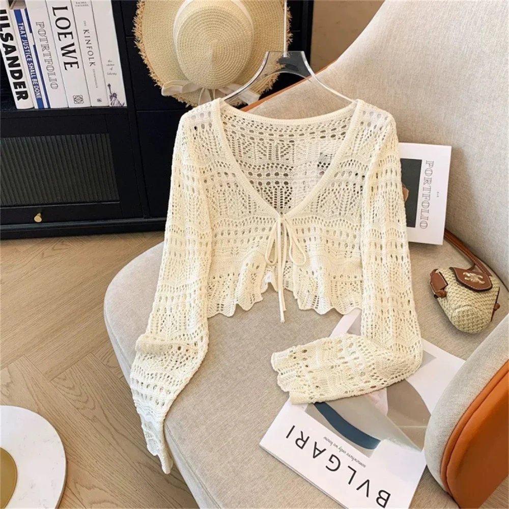 

Korean Style Flared Sleeve Lace Up Sheer Crop Tops Lace Ruffles Ribbon Sweet Ladies Design Blouse Fashion Sun-proof T Shirt
