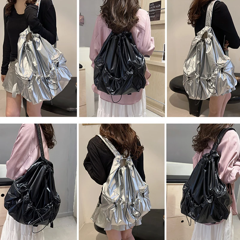 Women's Travel Backpack Korean Style Large Capacity Drawstring Pleated Silver Backpack Fashion Trendy Casual School Bags