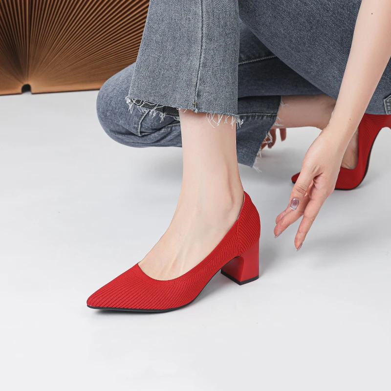 High Heel for Women 2026 Spring and Autumn New Soft Knitted Pointed Breathable and Comfortable Anti-skid Rubber Soled Work Shoes