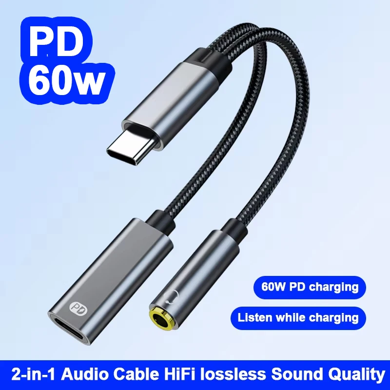 Câble audio Type C mâle vers prise jack 3,5 mm, adaptateur double femelle DAC 2 en 1, câble séparateur de musique et de microphone pour Xiaomi iPhone