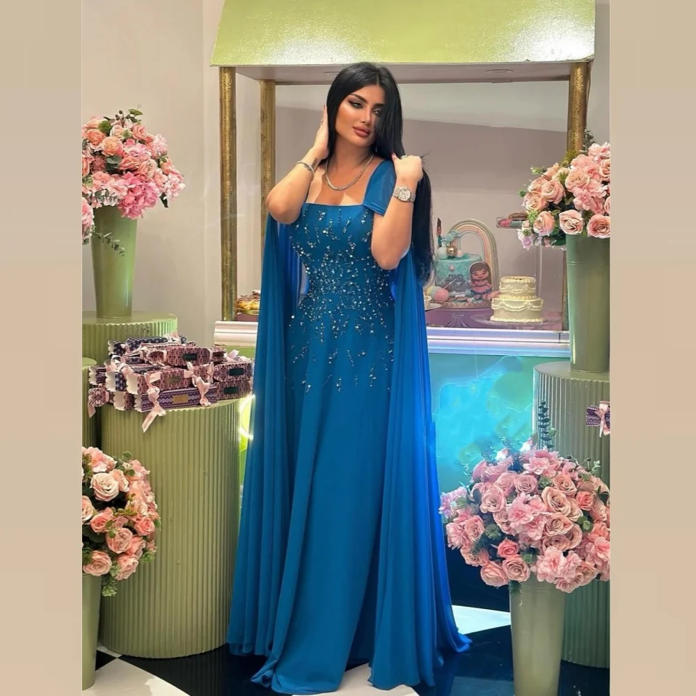 Exquisite Sparkle Customized Jersey Sequined Beading Ruched Clubbing A-line Square Neck Bespoke Occasion Gown Long Dresses