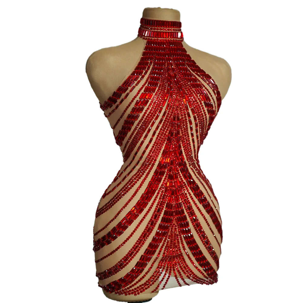 Sexy Sleeveless Red Crystal Prom Gown Female Dance Wear Mini Banquet Evening Sheath Dress Women Bodycon Nightclub Party Dress