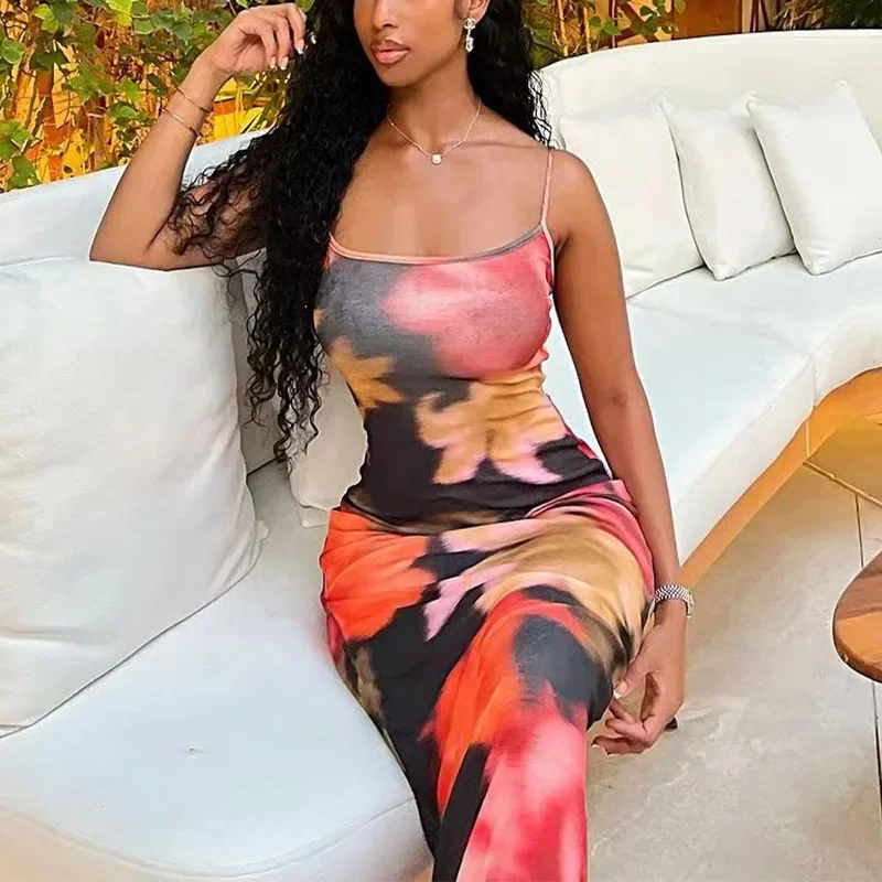 CPSYMYM Women Sexy Summer Sling Dress Vintage Sleeveless Backless Flower/Leopard Print Bodycon Long Dresses for Cocktail Party C