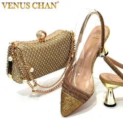 Venus Chan Italian Pointed Toe Wedding Shoes Gold Color Summer Sandal for Women 2023 High Heels Rhinestone Shoe and Bag Set