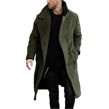 Autumn Winter Men's Woolen Trench Solid Turn Down Collar Long Coats Male Fashion Double Breasted Smart Casual Woolen Windbreaker
