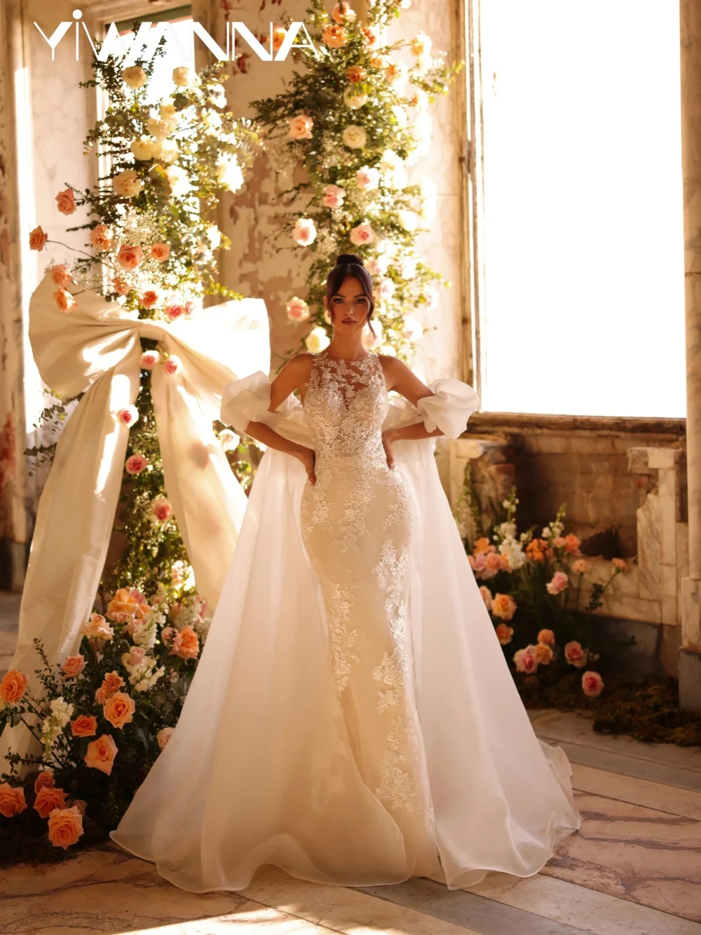 

Lace Appliques Mermaid Wedding Dress With Cape Charming Sleeveless Floor-length Bridal Gown Customized Ivory Dresses For Bride