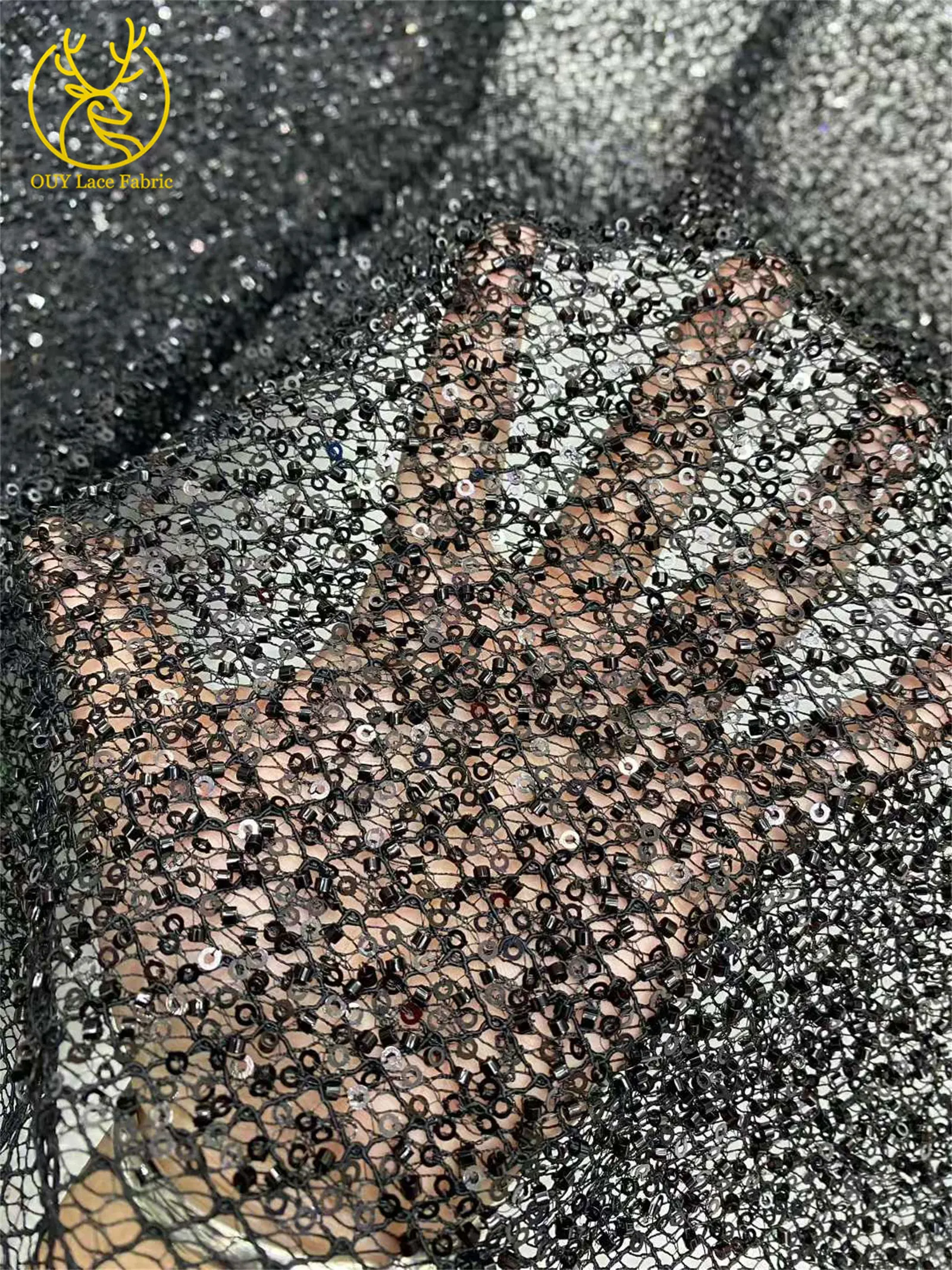 Weißer französischer Perlen-Pailletten-Spitzenstoff 2026 Hochwertiger nigerianischer afrikanischer Spitzenstoff, geeignet für Hochzeiten und Partys, 5 Yards – Detail 8