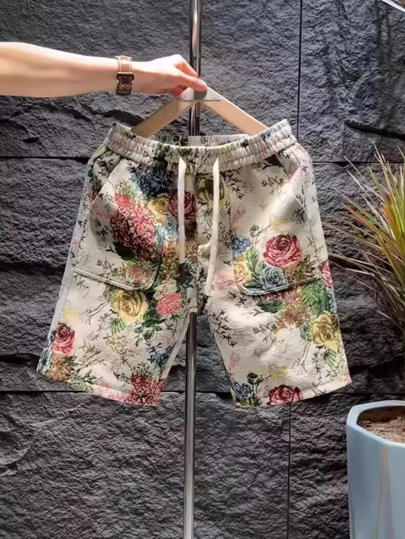 

Summer New Rose Floral Sports Shorts Men's Trendy Thin Beach Pants Personalized Print Casual Five-Quarter Length Straight Leg