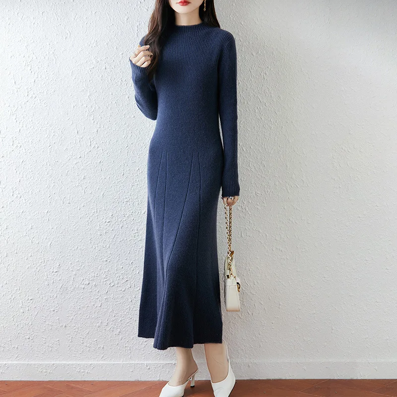 

Autumn Winter New A-Line Dress Women Mid-Length Half-High Collar Sweater Over--Knee Slimming Knitted Wool Long Dress