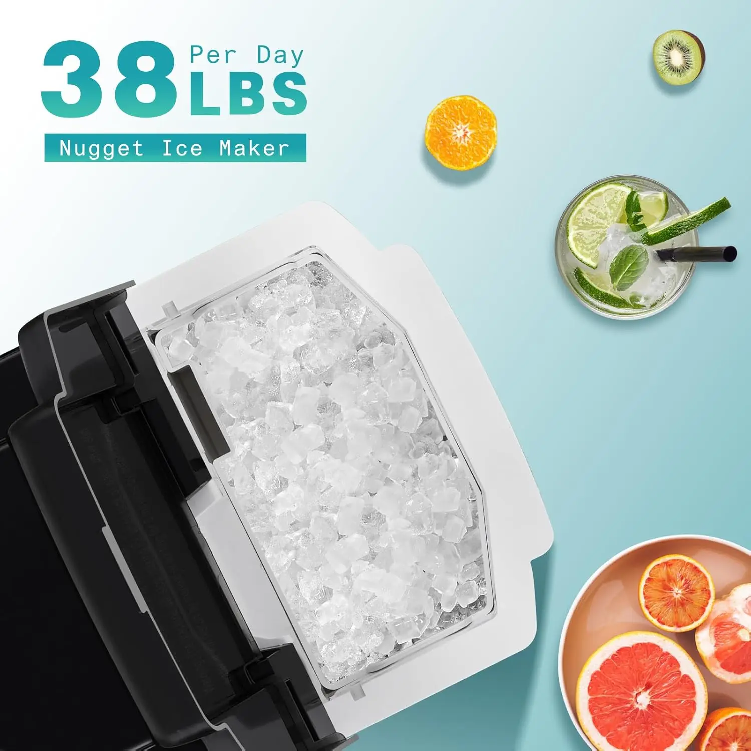 Piano di lavoro per macchina per il ghiaccio Nugget, 38 libbre al giorno, con ghiaccio a pellet morbido masticabile, autopulente, macchina per il ghiaccio con cestello e paletta