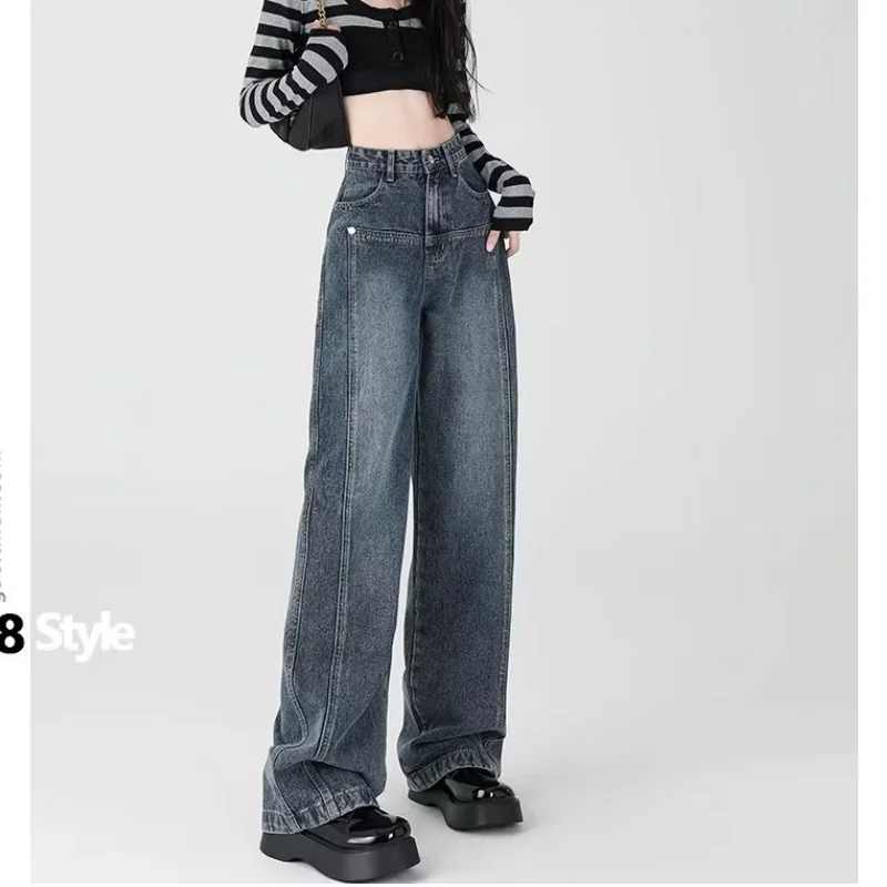 

Blue Jeans Women American Wide Leg Pants Y2K Fashion Streetwear Vintage Female 2023 New Autumn High Waist Straight Trousers