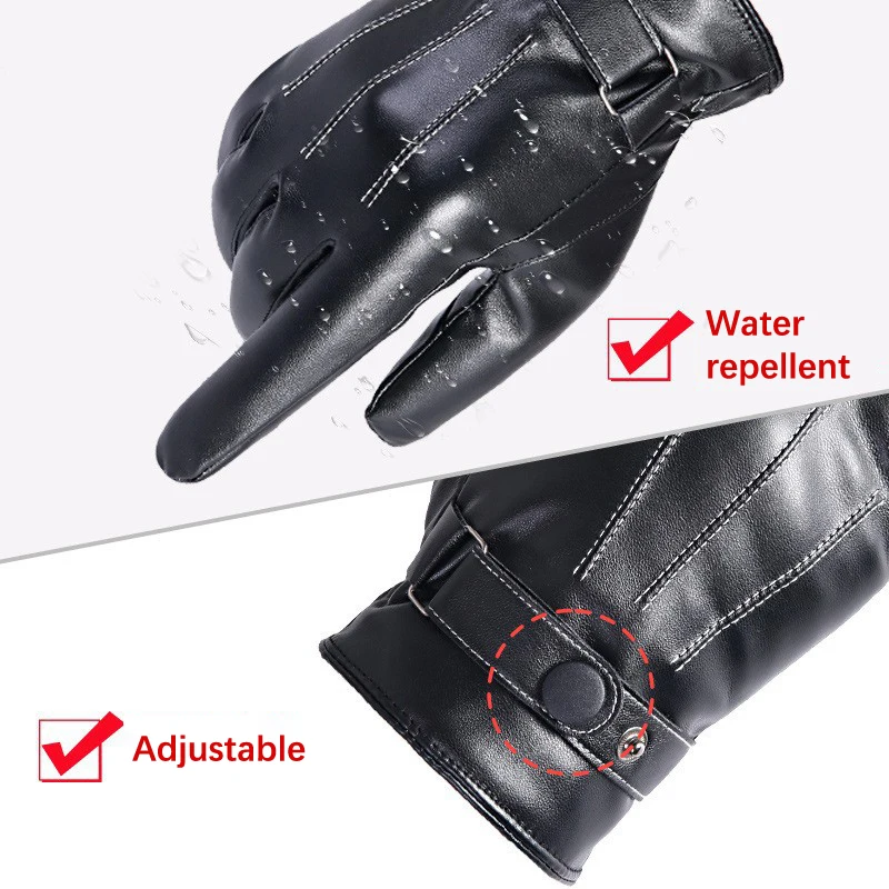 Men Winter PU Leather Black Gloves Button Warm Mittens Outdoor Sports Driving Skiing Men\'s Windproof Gloves Winter Supplies