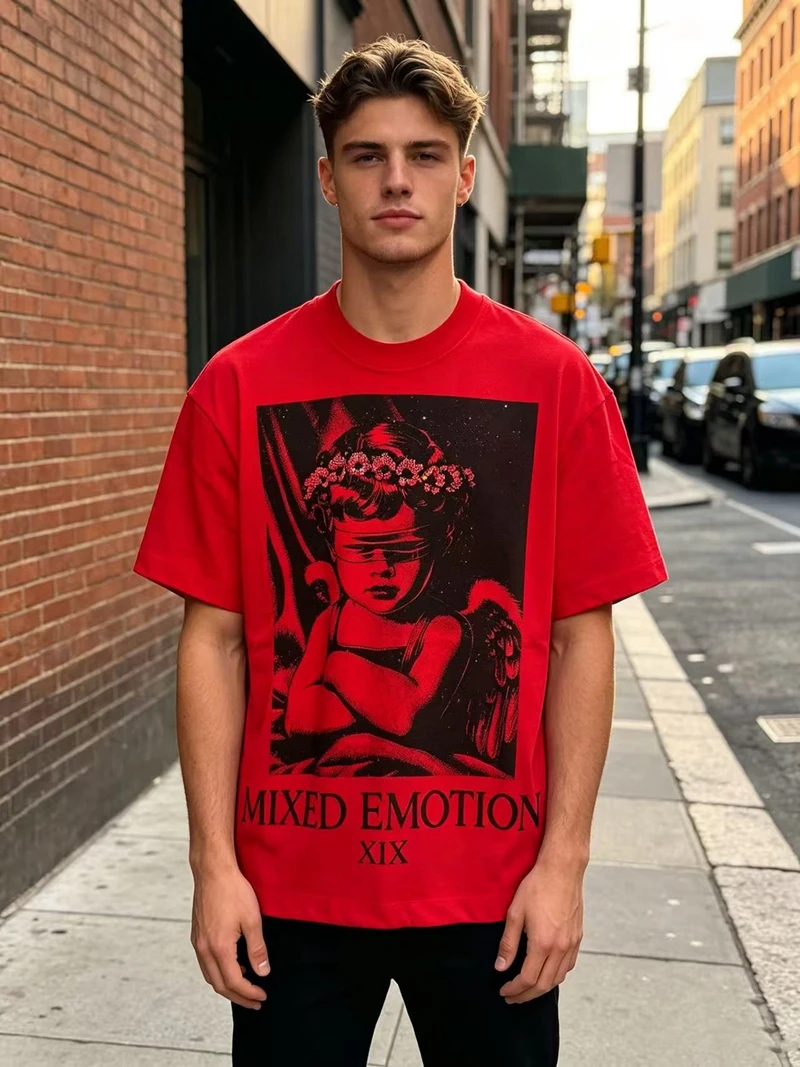 Strass-Engel-Grafik Kurzarm-T-Shirt für Männer und Frauen, Cropped Oversize Hip-Hop Y2K Streetwear, Rote Casual Tees Tops aus Baumwolle – Detail 2