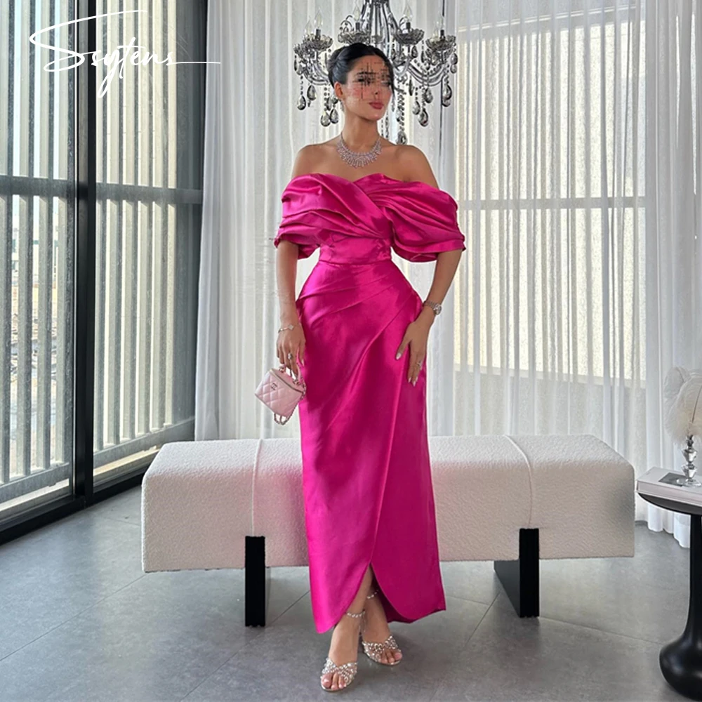 

Fuschia Pink Formal Event Dress Off Shoulder Satin Prom Party Dresses Slit Women Ankle Length Dubai Evening Gown Mermaid Vestido