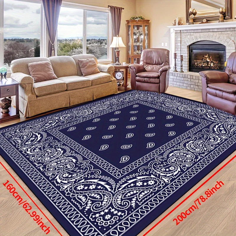 1pc 'Blue Background with Double Frames and Dense Patterns Inside' Non-slip Resistant Rug, Machine Washable, High Quality Carpet