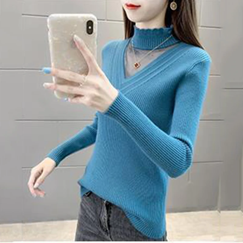 Half-necked Knitted Sweater Women's Fashion Base Sweater 2023 Autumn And Winter New Lace Slim Long-sleeved Pullover Maoyinv
