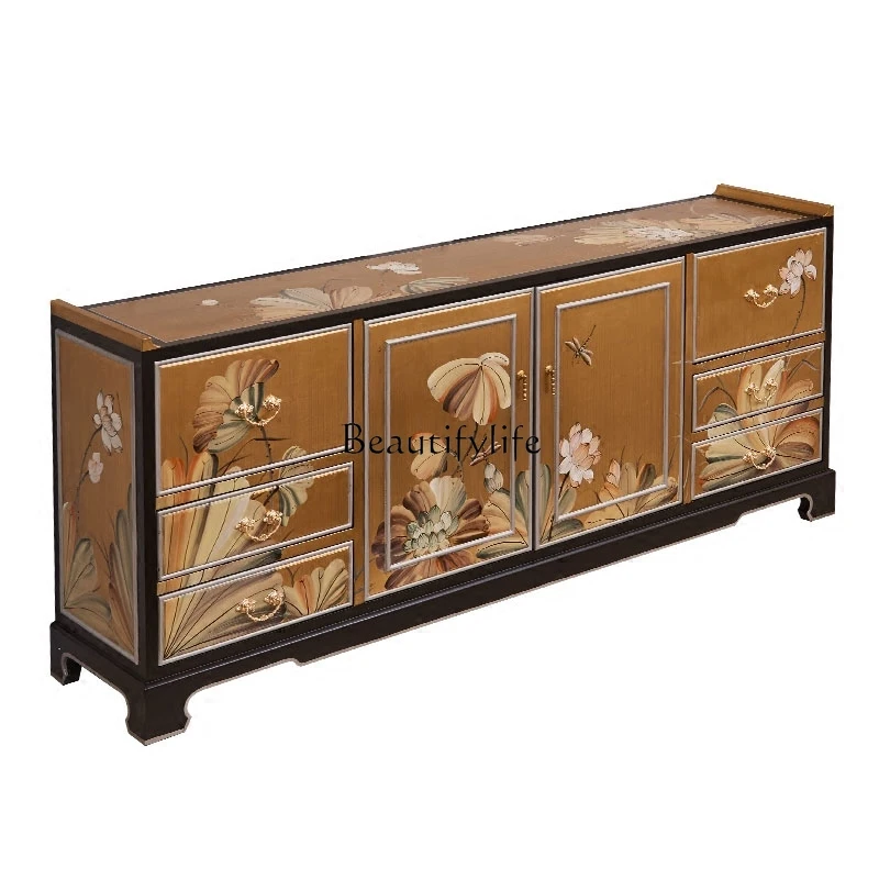 

New Chinese model house living room gold foil painted lotus TV floor cabinet dining side cabinet
