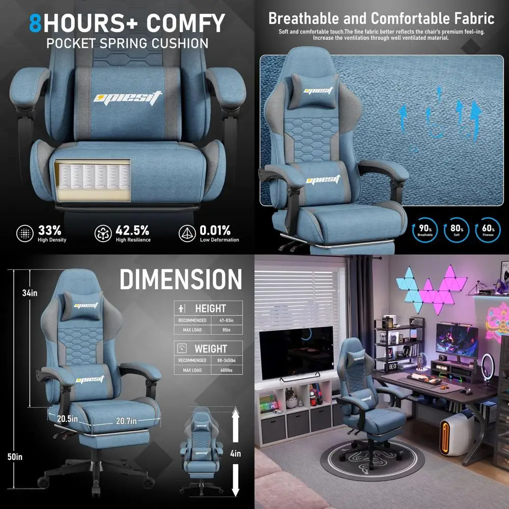 

Эргономичное компьютерное кресло из ткани с поясничной опорой, массажером, подставкой для ног и пружинной подушкой, выдерживает до 400 фунтов (синее)