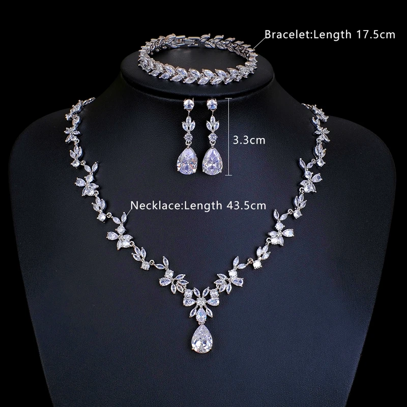 Ekopdee Gorgeous New Luxury Shiny Cubic Zirconia Teardrop Necklace Earrings Bracelet Jewelry Sets For Wedding Women Jewellery