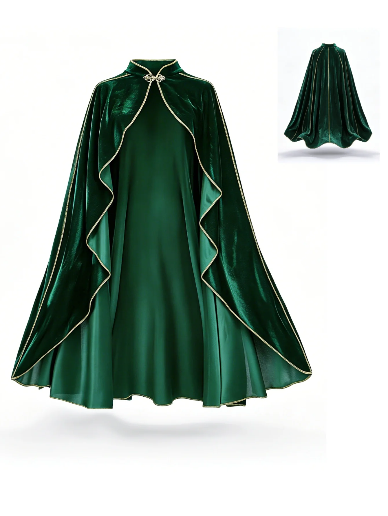 Capa de terciopelo verde vintage para mujer con ribete dorado, cuello alto, disfraz de cosplay, capa larga para fiesta de Halloween, vestimenta medieval renacentista.