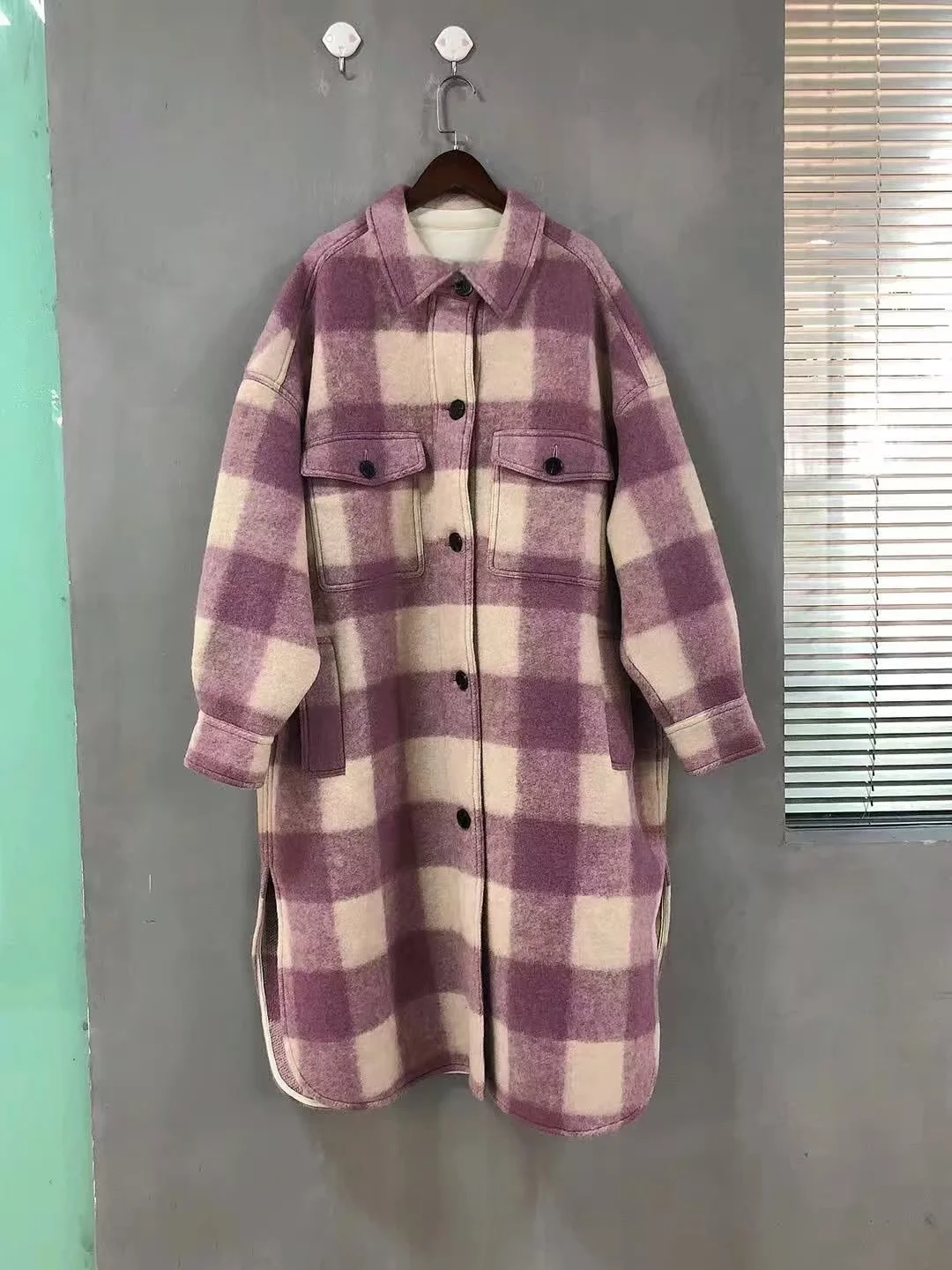 

2024 new pink checkered temperament commuting wool coat jacket