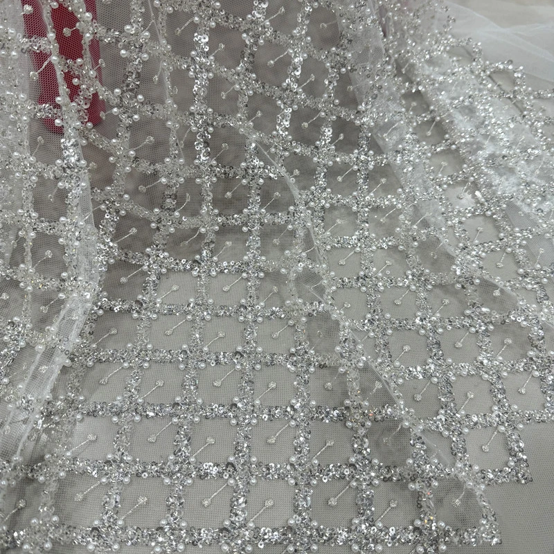 Embroidered Lace Fabric Glitter Little Pearl for Wedding Dress Fashion Designer Handmade Diy Sewing Material Cloth