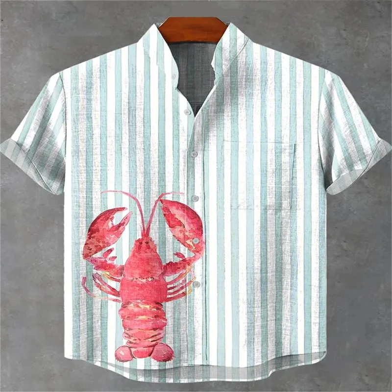 Men's summer cool and comfortable casual short-sleeved shirt 3D lobster print shirt, fashionable linen button shirt