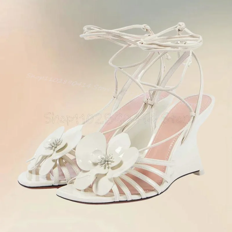 White Flower Design Strange Style Heels Twine Sandals Lace Up scarpe da donna Fashion Party Feast Banquet 2024 Zapatos Para Mujere