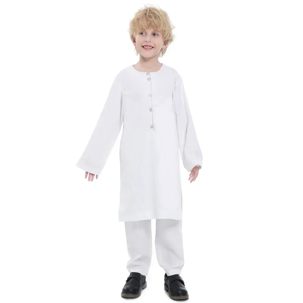 Thobe For Boys Saudi Arabia Full Sleeve 2 Piece Set Jubba Thobe Caftan Islam Solid Color Muslim Clothing Abaya Middle East Robe