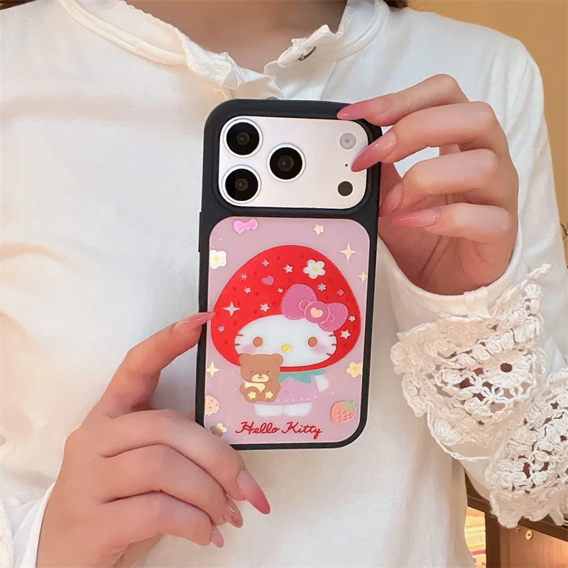 

fashion phone cases Black Phone Case For iPhone 15 16 17 Pro Max Cute Hello Kitty Strawberry Print Shockproof Protective Cover