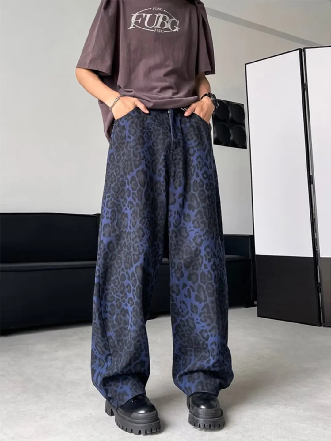 American blue leopard print jeans for men American hiphop high street pants Streetwear Baggy Y2k Jeans man Vintage Harajuku Trou