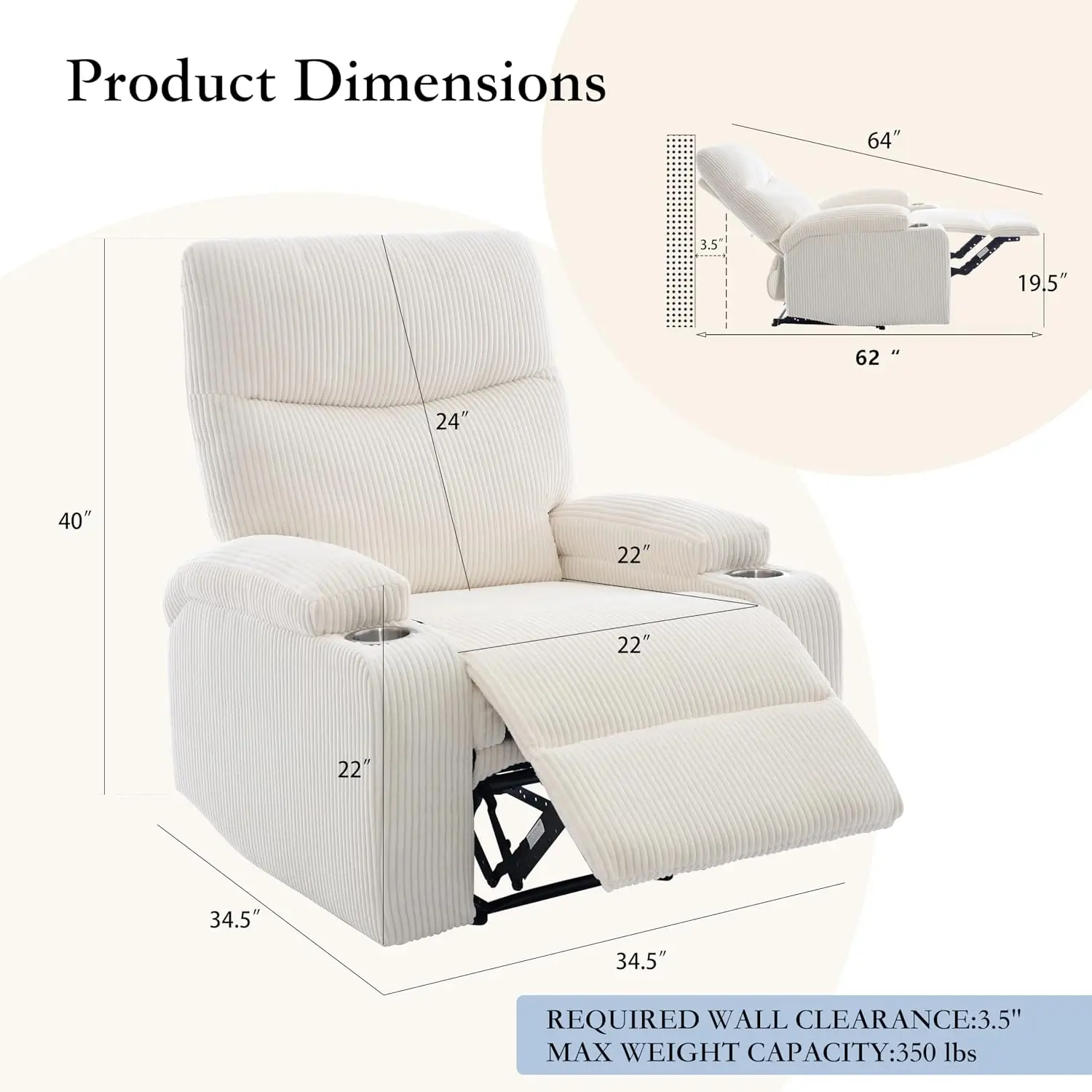 Manual Recliner Chair with Pull Ring, 3 Position 140° Reclining Sofa for Living Room, Nursery, RV, and, Customized