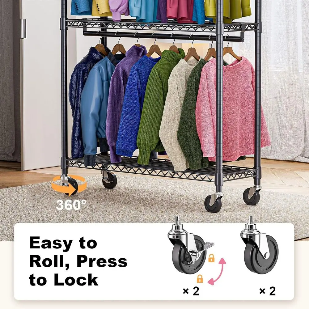 Adjustable 3-Tier Rolling Clothes Rack with 2 Rods, Side Hooks, and Wheels - Black